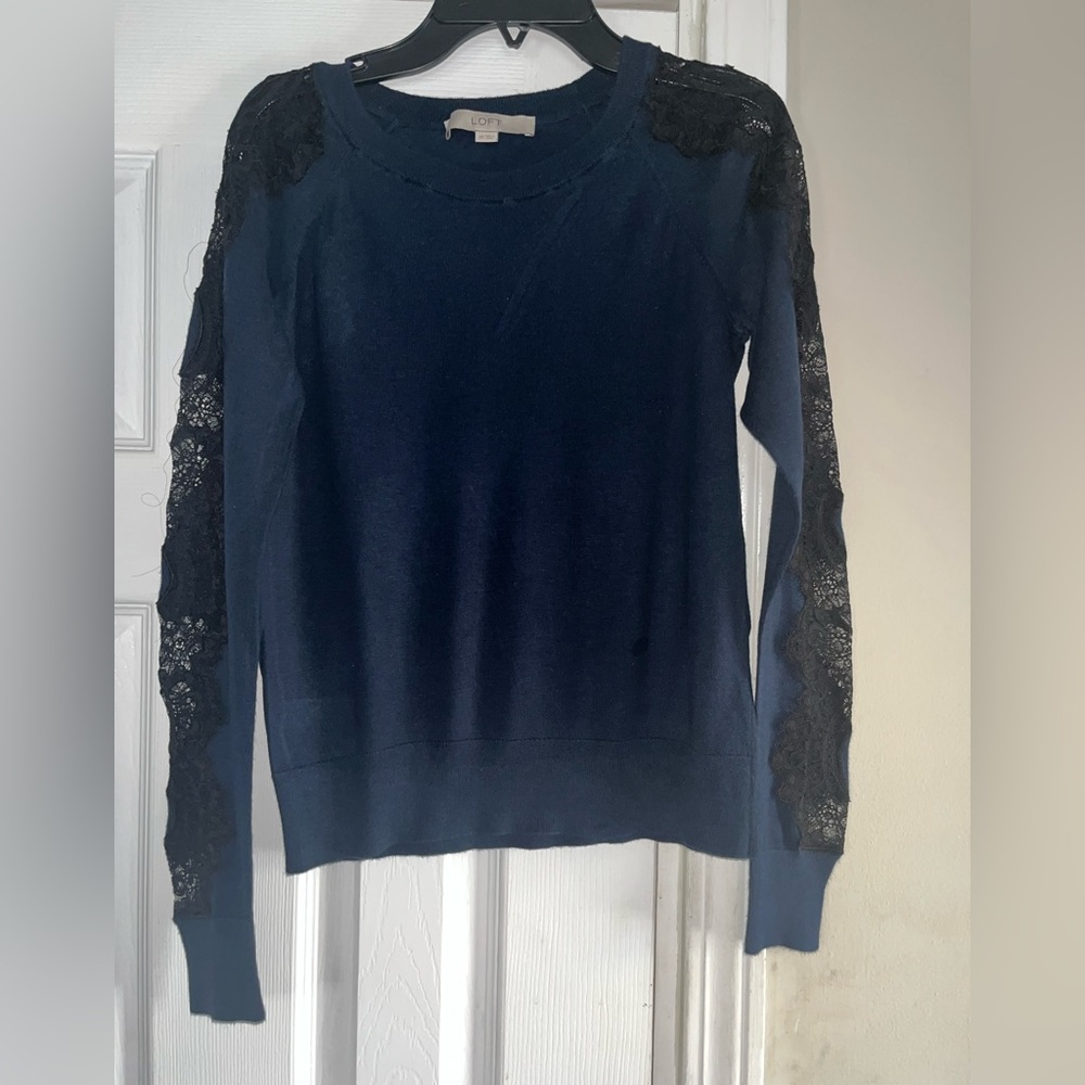 LOFT Blue with Black Lace Sweater, Size XS